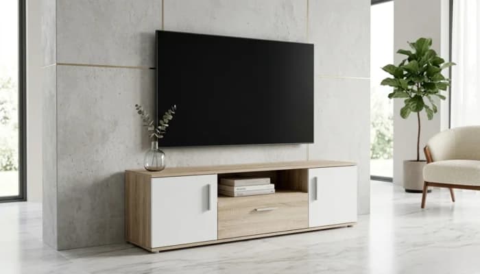 MEUBLE TV 2 PORTES / 1 TIROIR / 1 NICHE - BLANC/CHENE - Image 1