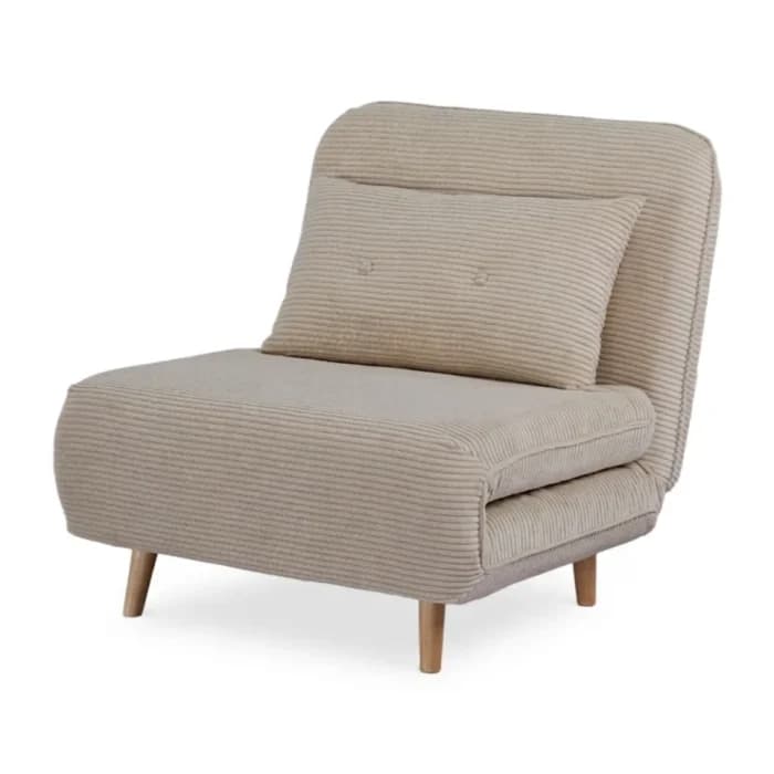 FAUTEUIL CONVERTIBLE 1 PLACE VELOURS CÔTELÉ CAPITONNÉ SUR PIEDS BOIS - BEIGE - Image 1