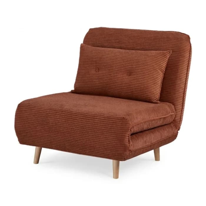 FAUTEUIL CONVERTIBLE 1 PLACE VELOURS CÔTELÉ CAPITONNÉ SUR PIEDS BOIS - CARAMEL - Image 1