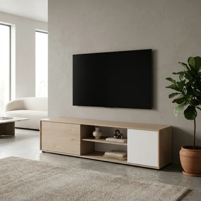 MEUBLE TV 2 PORTES + 2 NICHES CHENE  ET BLANC - Image 1