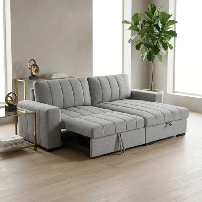 CANAPÉ D'ANGLE RÉVERSIBLE &amp; CONVERTIBLE EN TISSU + COFFRE - GRIS - Image 1