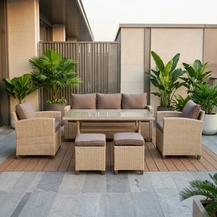 CANAPE 3 PLACES + 2 FAUTEUILS + TABLE AVEC LES COUSSINS - NATUREL( SOUS POUF ) - Image 1