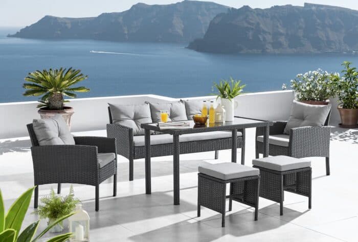 CANAPE 3 PLACES + 2 FAUTEUILS + 2 TABOURETS + TABLE - NOIR - Image 2