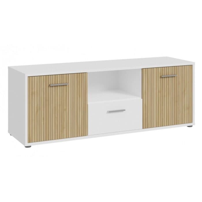 MEUBLE TV 2 PORTES / 1 TIROIRS / 1 NICHE - CHENE ET BLANC - Image 2