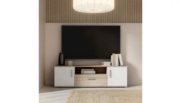 MEUBLE TV 2 PORTES / 1 TIROIR / 1 NICHE - BLANC/CHENE - Image 2