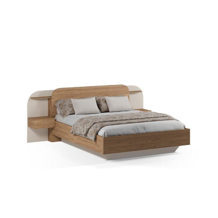 LIT + 2 CHEVETS ATTENANTS 160X200 CM - GRIS COCO/NATUREL - Image 2