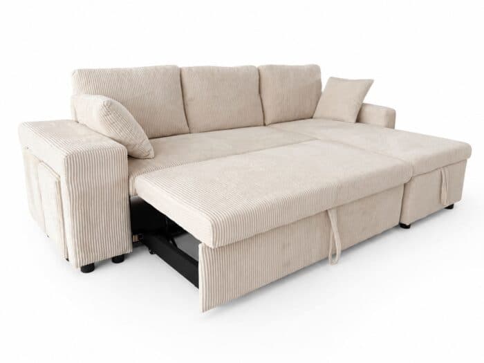CANAPÉ D'ANGLE CONVERTIBLE &amp; RÉVERSIBLE + 2 POUFS - BEIGE - Image 2