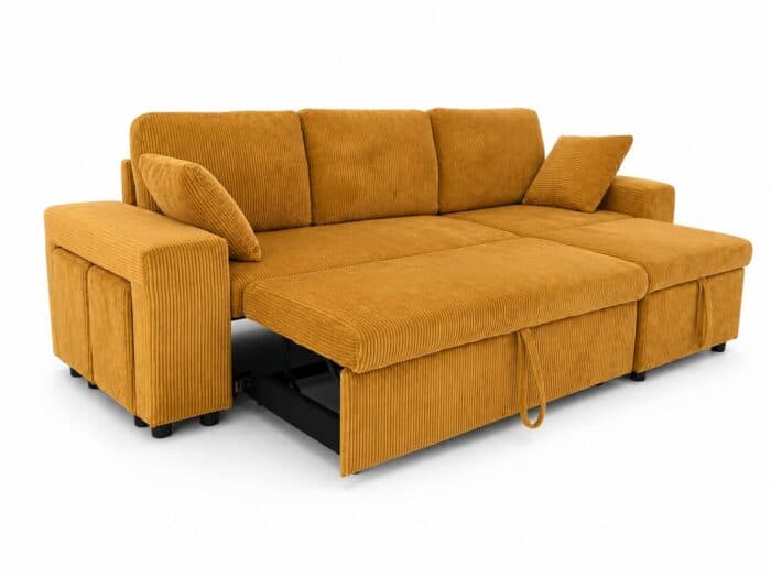 CANAPÉ D'ANGLE CONVERTIBLE &amp; RÉVERSIBLE + 2 POUFS - JAUNE - Image 2