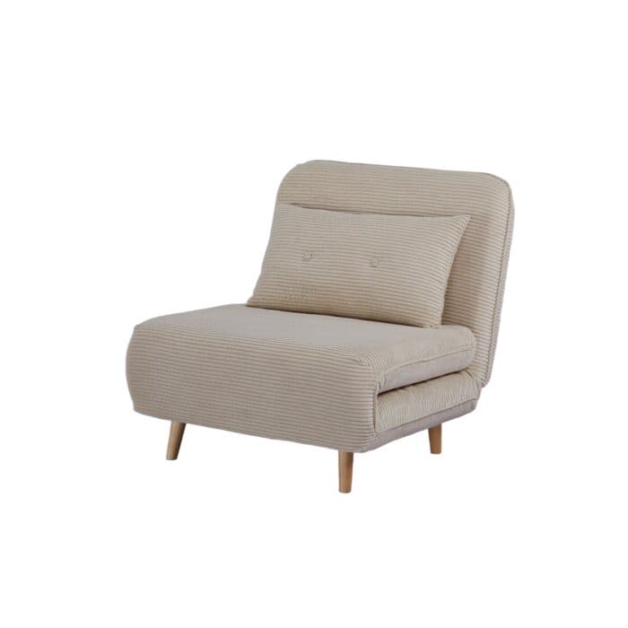 FAUTEUIL CONVERTIBLE 1 PLACE VELOURS CÔTELÉ CAPITONNÉ SUR PIEDS BOIS - BEIGE - Image 2