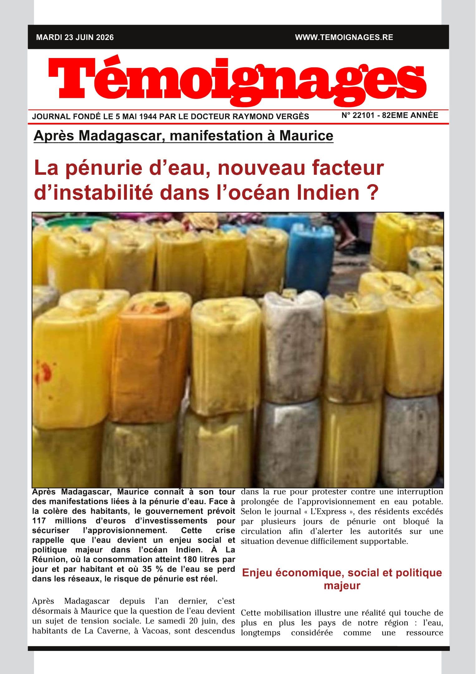 LA PÉNURIE D'EAU, NOUVEAU FACTEUR D'INSTABILITÉ DANS L'OCÉAN INDIEN ?