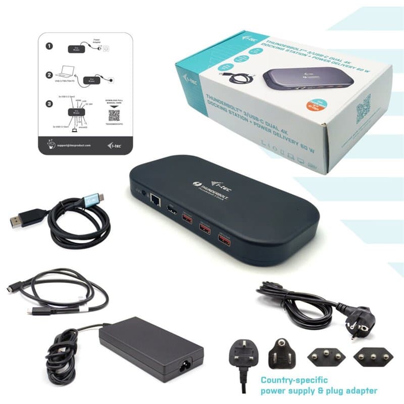 I-Tec Thunderbolt 3/USB-C Dual 4K Docking Station + USB-C to DisplayPort Câble (1,5 m) + Power Delivery 60W - Image 1