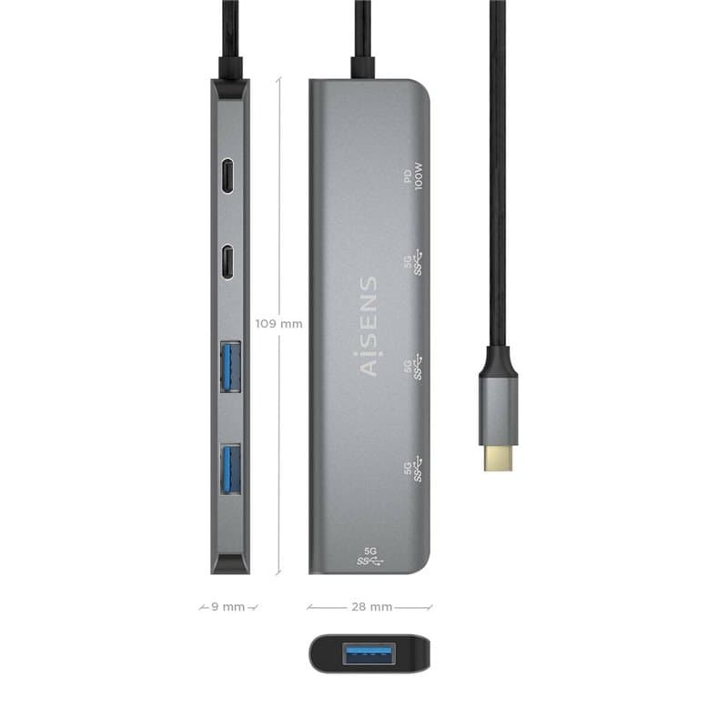 Aisens A109-0857 hub & concentrateur USB 3.2 Gen 1 (3.1 Gen 1) Type-C 5 Mbit/s Gris - Image 1