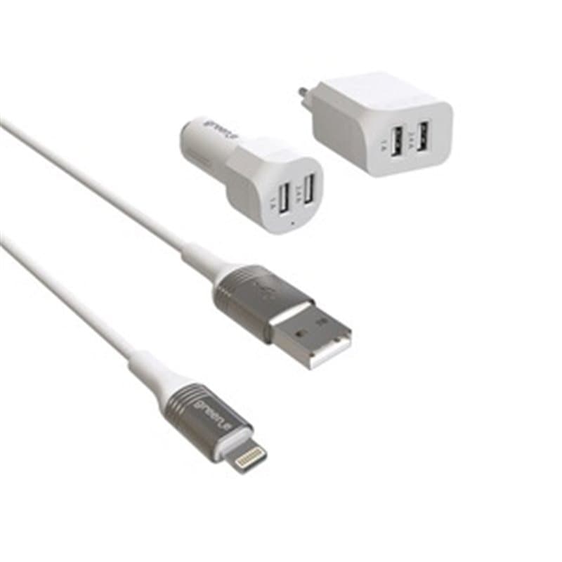 Kit 2USB Fastcharge Car + Secteur + Câble Mfi 1,3M Blanc - Image 1
