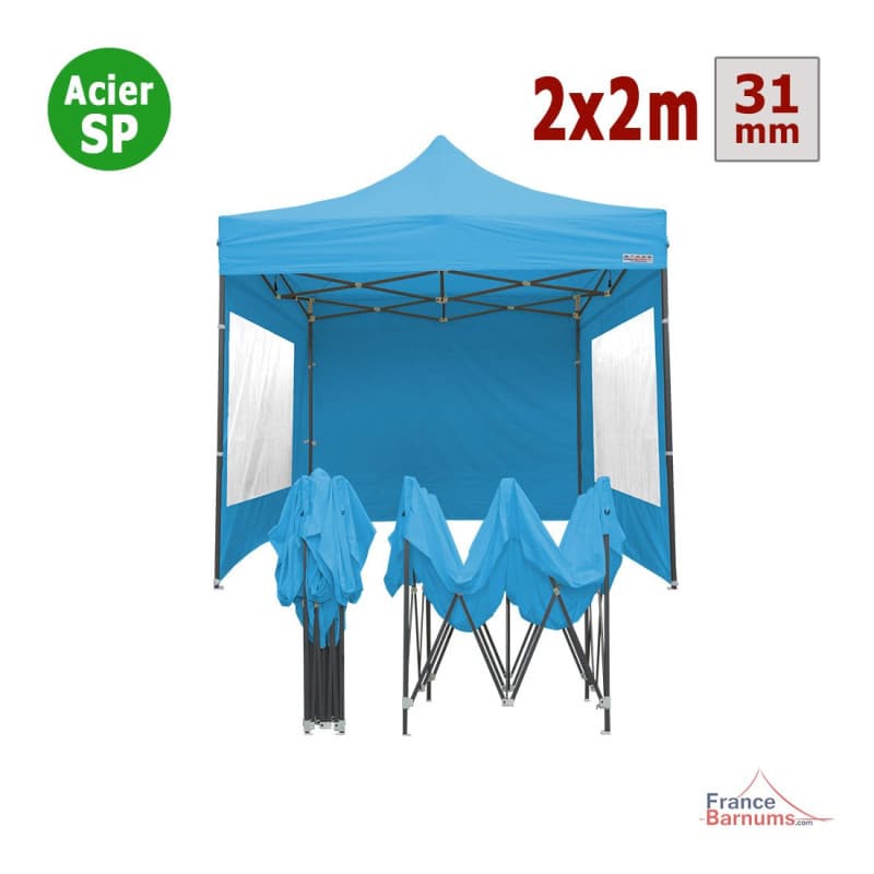 Barnum pliant - Tonnelle Acier Semi Pro 2mx2m BLEU AZUR avec Pack Fenêtres - Image 1