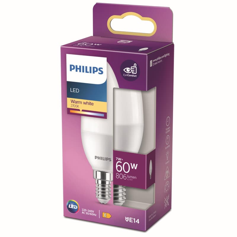 Philips ampoule LED Flamme E14 60W Blanc Chaud Dépolie - Image 1