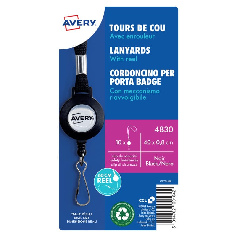 Porte Badge avec Enrouleur Avery - Lot de 10 - Noir 40cm - Image 1