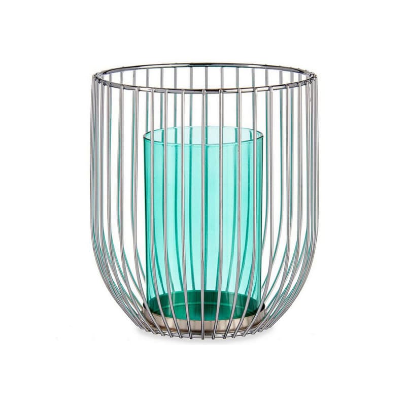 Bougeoir Argenté Bleu Cage Métal verre (15 x 17 x 15 cm) - Image 1