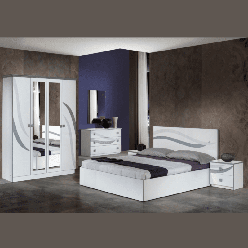 Le lit 160 x 200 cm + 2 chevets + la commode 3 tiroirs + miroir + l'armoire 4 portes + 2 chevets. - Image 1