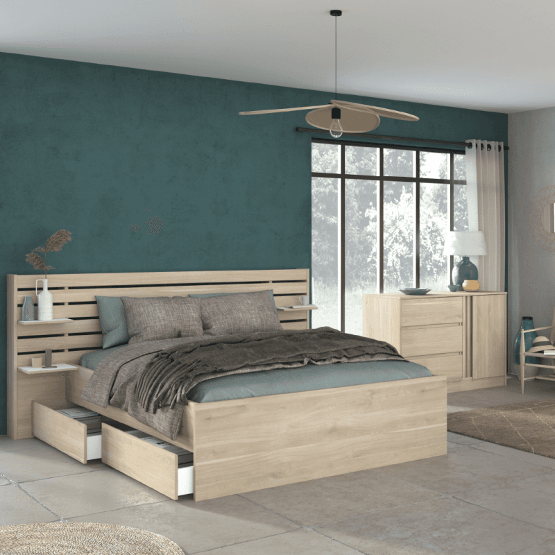Lit 140 x 200 cm coloris beige + chevets - Image 1