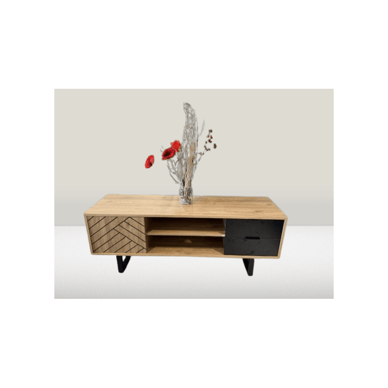 Meuble TV 1 porte + 2 tiroirs imitation Chêne et Gris Anthracite motif géométrique - Style Moderne - Image 1
