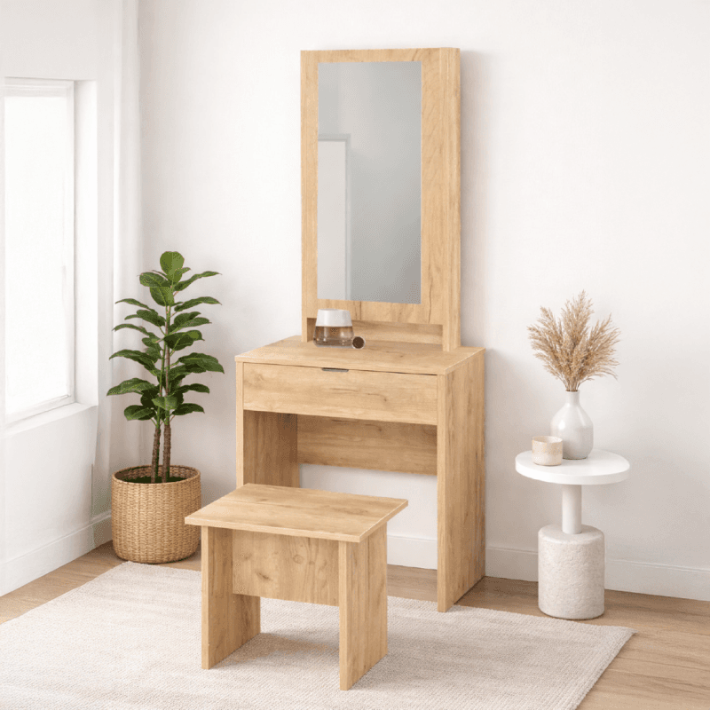 Coiffeuse + tabouret - Coloris bois clair - Image 1