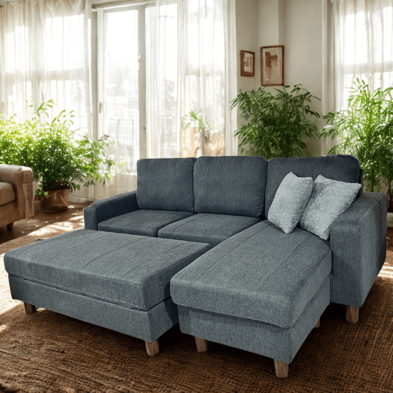 Salon d'angle réversible + pouf - Coloris gris - Image 1