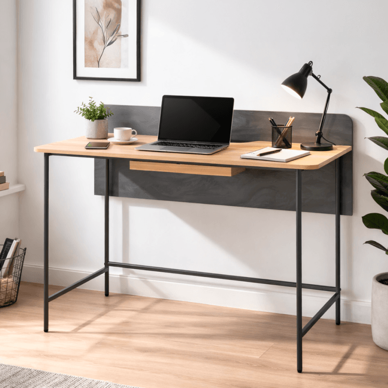 Bureau Industriel – Métal Noir & Finition Chêne – Avec Passe-câbles - Image 1