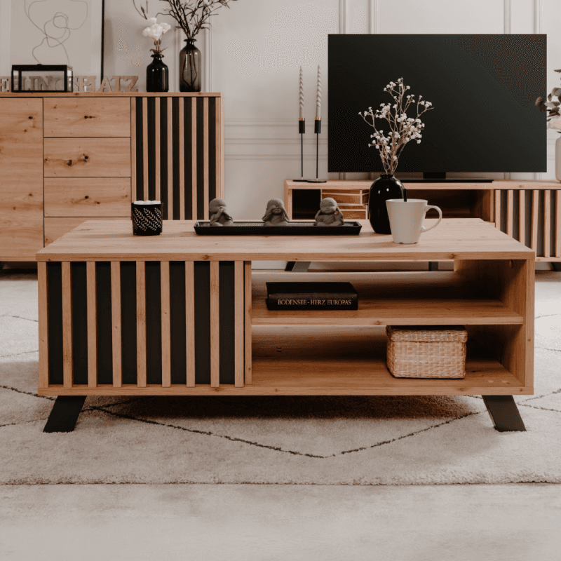 Table basse 1 portes + 2 niches - Coloris oak - Image 1