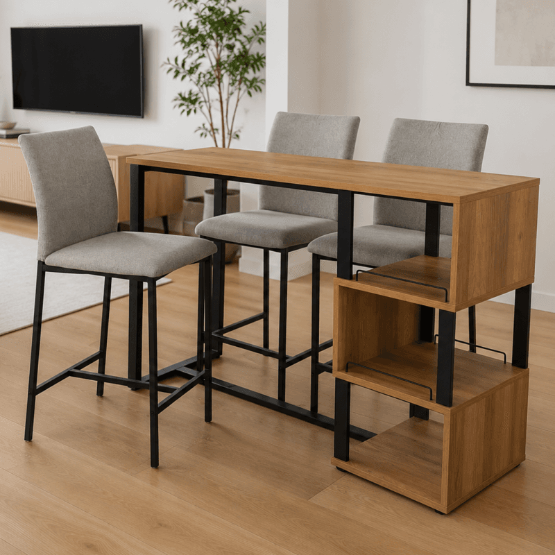 Ensemble table bar + 3 tabourets - Coloris oak/gris - Image 1