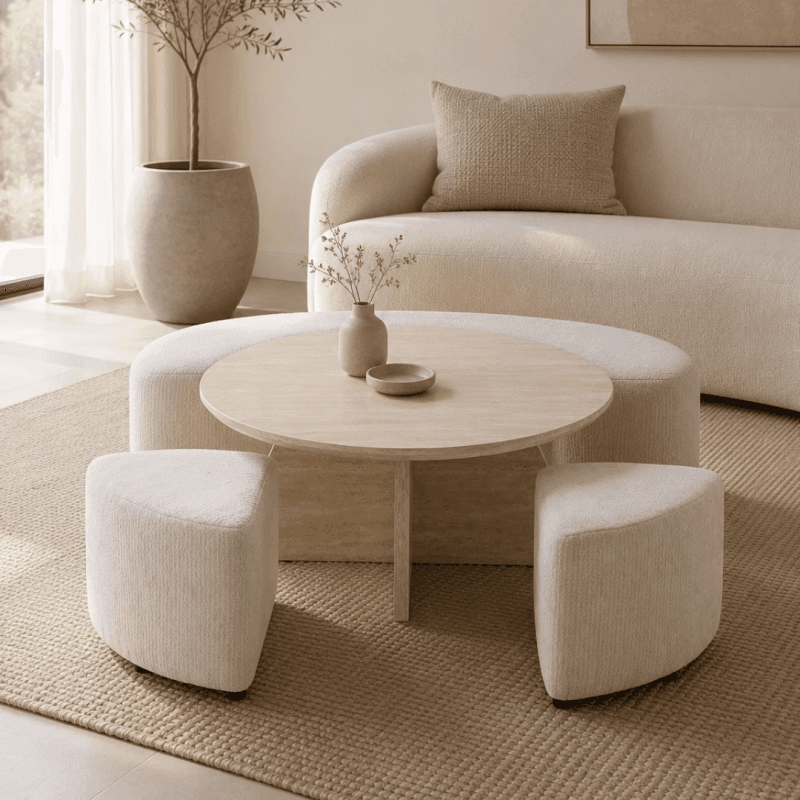 La table basse travertin + 4 poufs. - Image 1