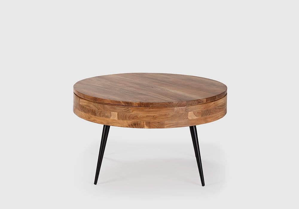 Table de Salon Ronde en Bois d'Acacia avec Plateau Ouvrant Kali - Image 1