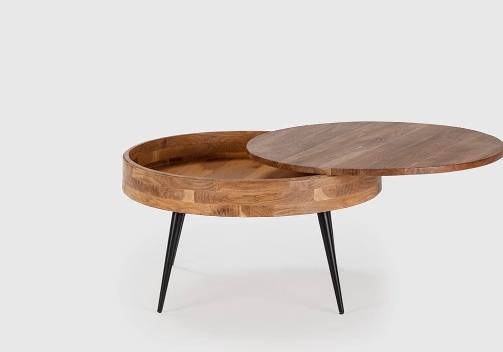 Table de Salon Ronde en Bois d'Acacia avec Plateau Ouvrant Kali - Image 2