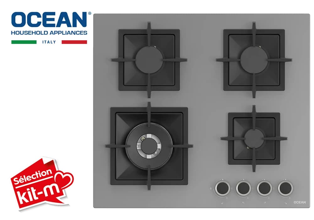 Plaque de Cuisson 60cm Verre 4 Feux Gaz Gris Ocean (OHGG3R6301GPROSV ) - Image 1