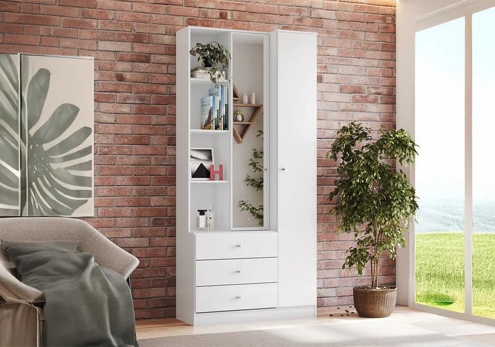 Armoire Étagères 2 Portes 3 Tiroirs avec Miroir - Image 1