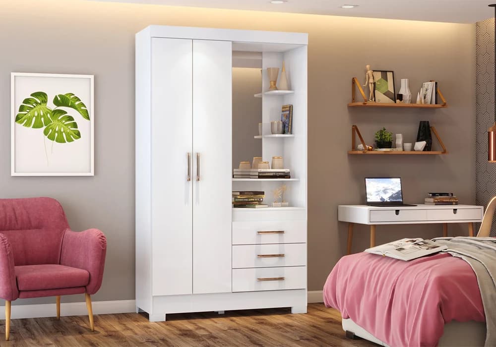 Armoire 2 Portes 3 Tiroirs avec Miroir - Image 1