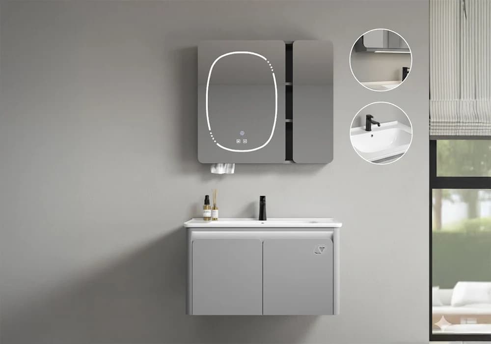 Ensemble Salle de Bain avec Meuble sous Lavabo et Miroir Désembuage LED FICO 80cm - Image 1