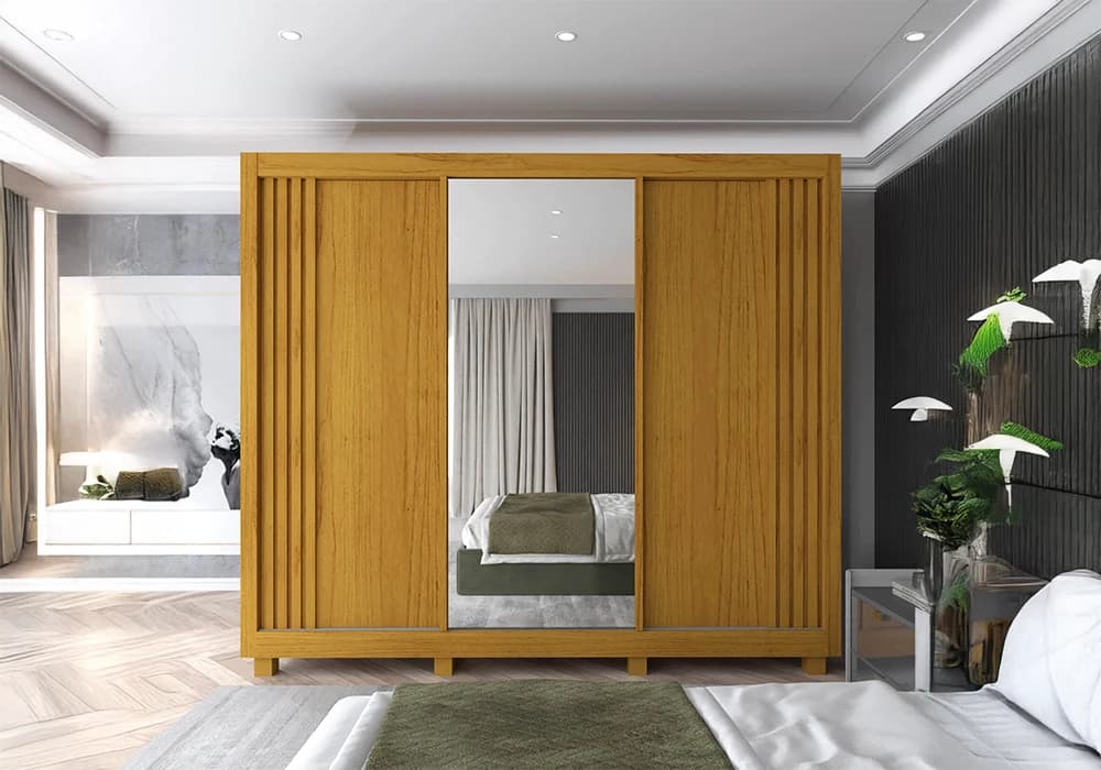 Armoire 3 Portes Coulissantes Nature/Blanc avec Miroir Santorini - Image 1
