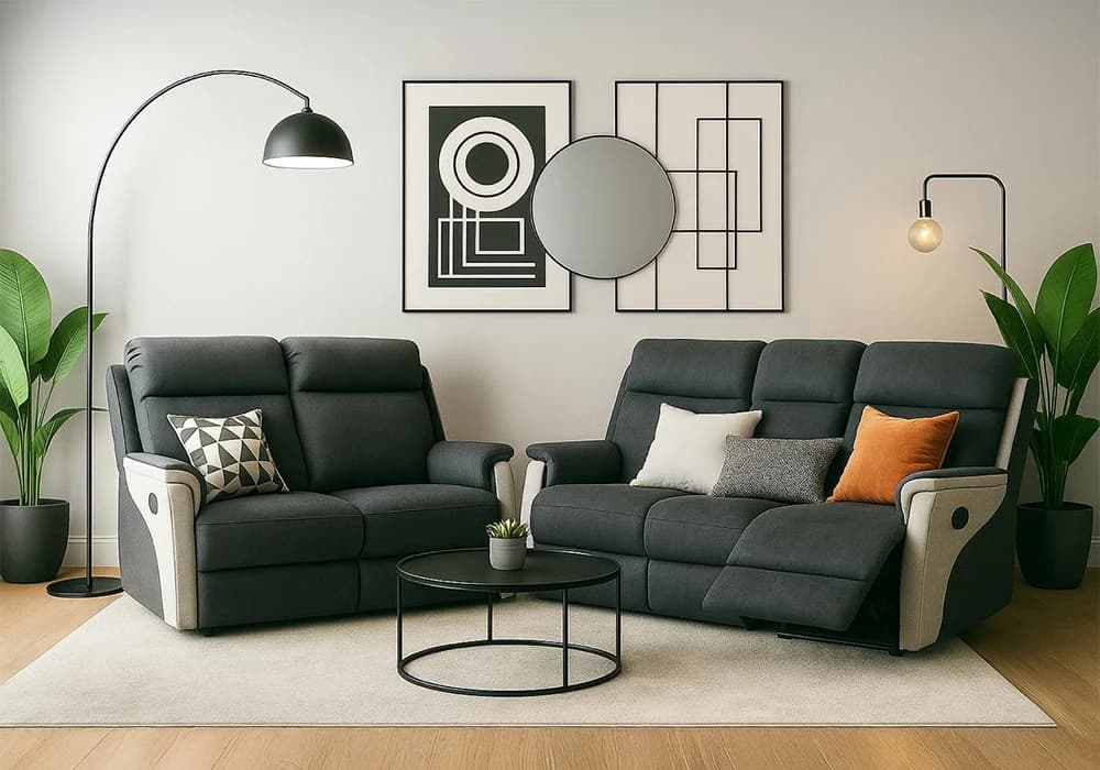 Salon 3 Places +2 Places avec 4 Relax Manuels Noir/Gris Clair - Image 2