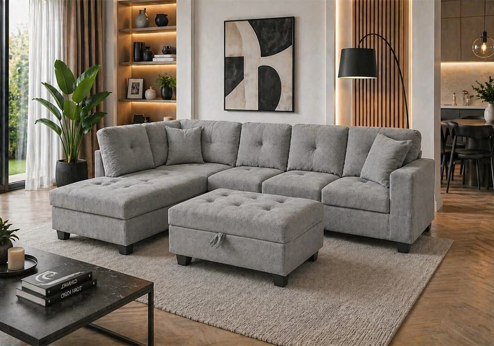 Salon D'Angle AGNES avec Pouf Coffre Gris Clair - Image 1