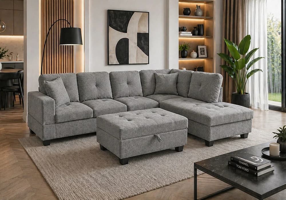 Salon D'Angle AGNES avec Pouf Coffre Gris Clair - Image 2