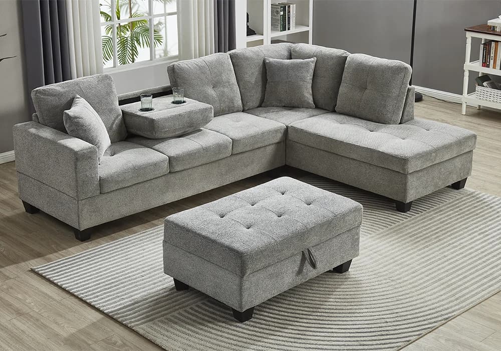 Salon D'Angle AGNES avec Pouf Coffre Gris Clair - Image 3