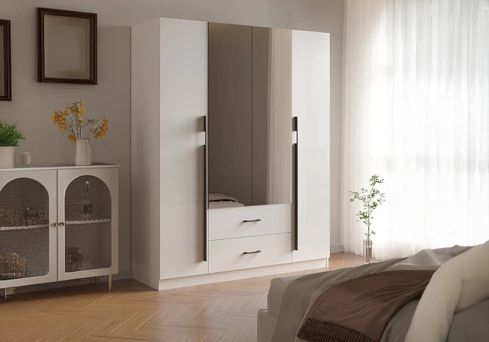 Armoire VERIA 4 Portes / 2 Tiroirs Miroir Blanc - Image 1