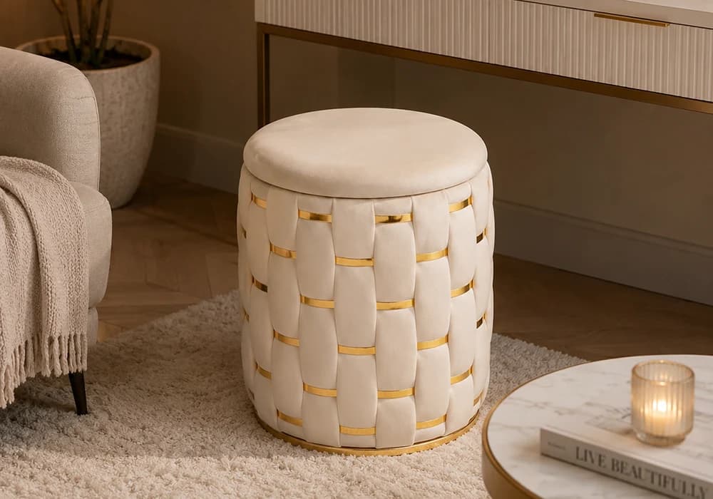 Pouf Coffre Rond Beige - Image 1