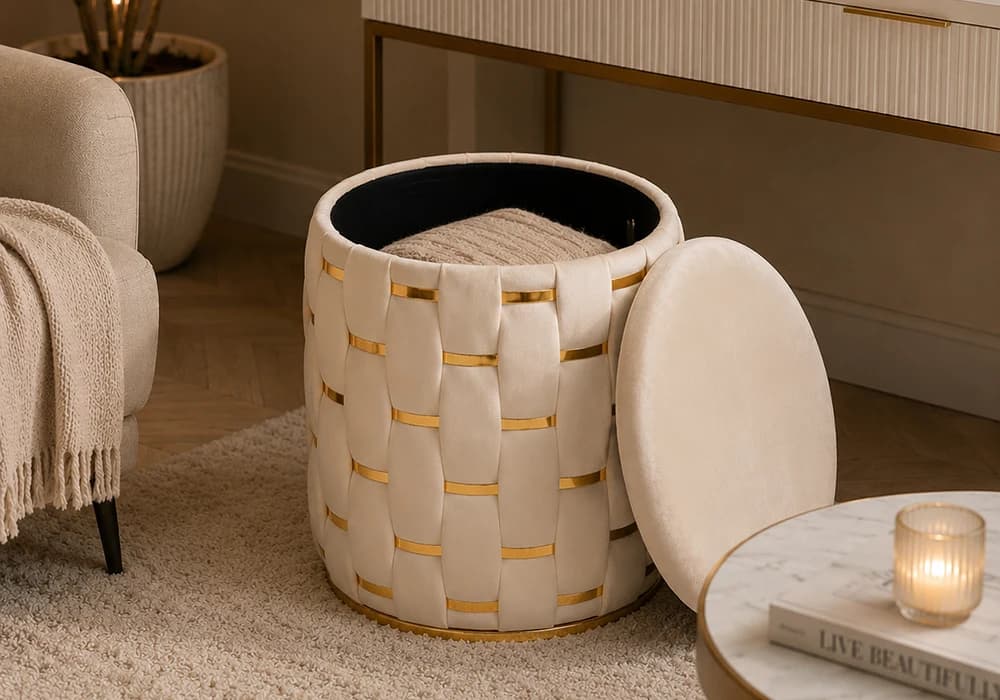 Pouf Coffre Rond Beige - Image 2