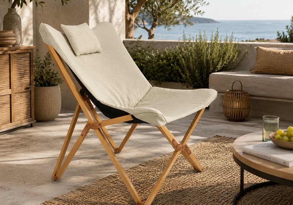 Fauteuil Pliable Détente en Bois Naturel et Tissu Beige - Image 1