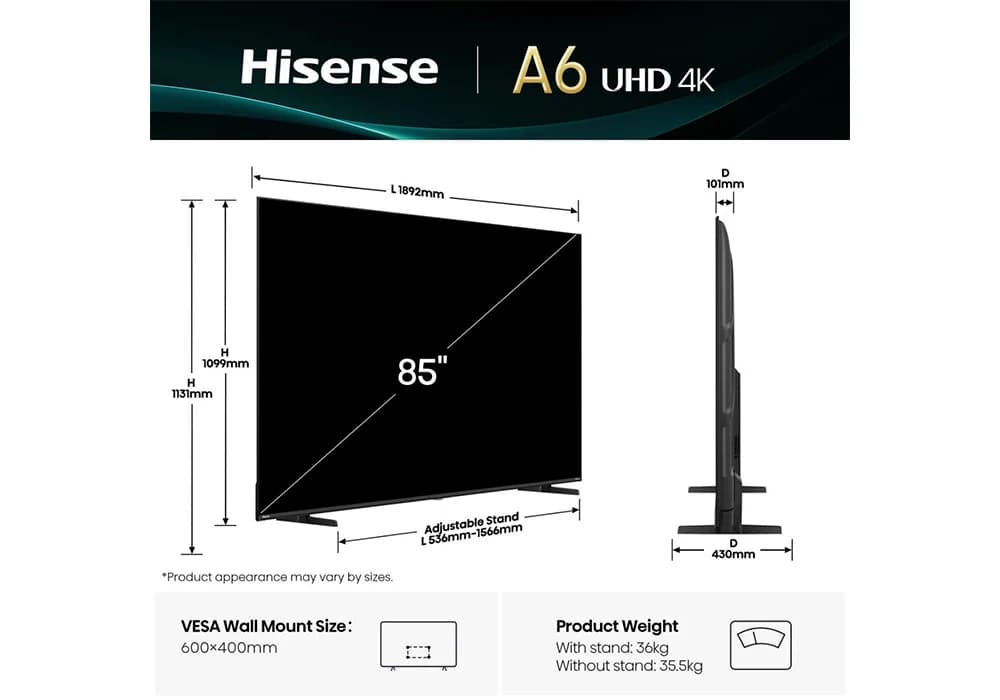 TV LED 4K UHD DOLBY 85″ 190CM HISENSE (85A6Q) - Image 4