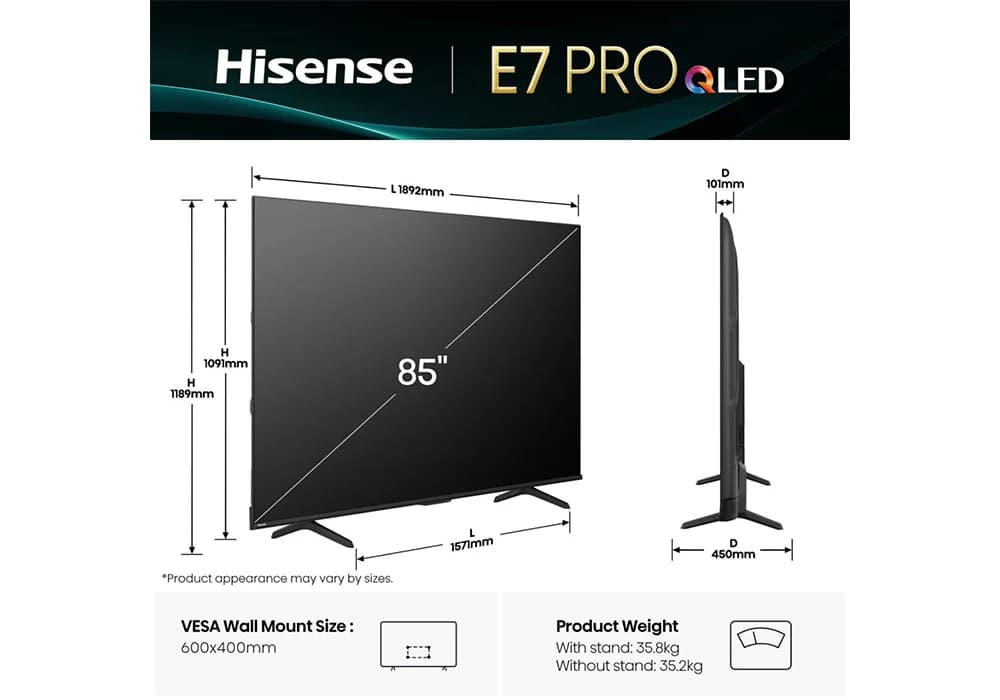 TV QLED AI 4K HDR10+ 85" 190cm Hisense (85E7Q) - Image 3