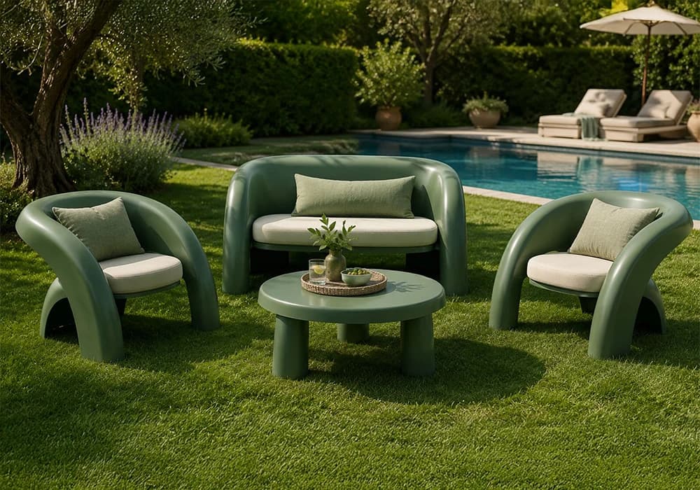 Salon de Jardin LOULA Vert (Canapé 2 Places avec 2 Fauteuils et Table Basse) - Image 1