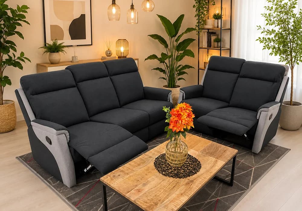 Salon 3 Places +2 Places avec 4 Relax Manuels Noir/Gris Clair - Image 1
