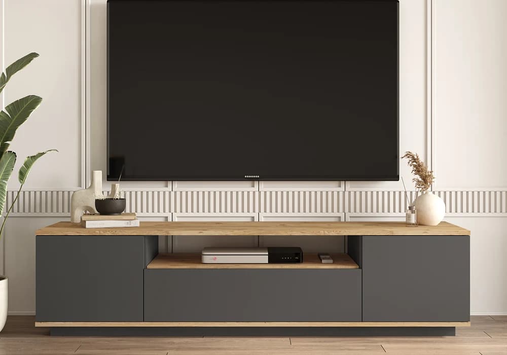 Meuble TV 2 Portes /1 Tiroir Gris/Chêne 180cm (Collection BLANCA) - Image 1